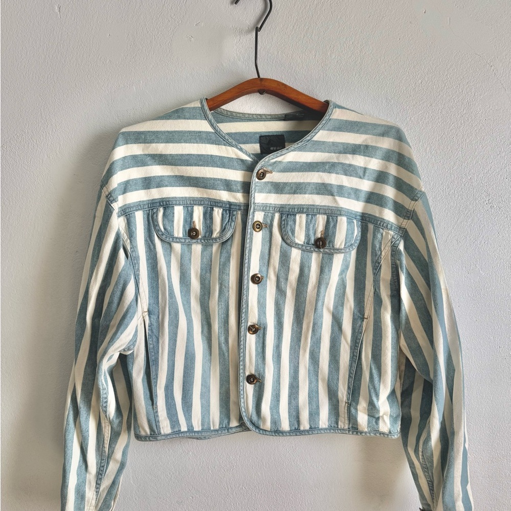 Li2 Wear Striped Blue and White Denim Bomber Jacket Button up Vintage Womens L
